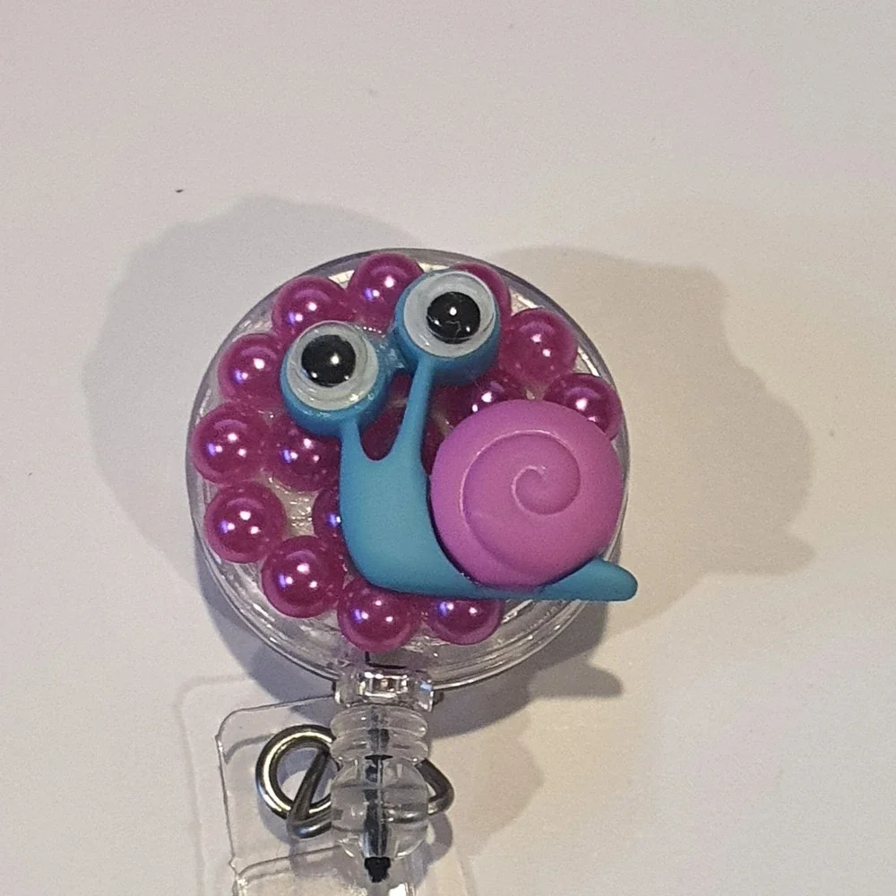 Snail Retractable Badge Reel Pink Pearls ID Holder‎ Nurse Teacher Gift Handmade